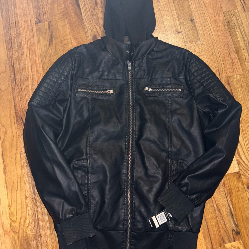 Black Faux Leather Hooded Jacket for Men